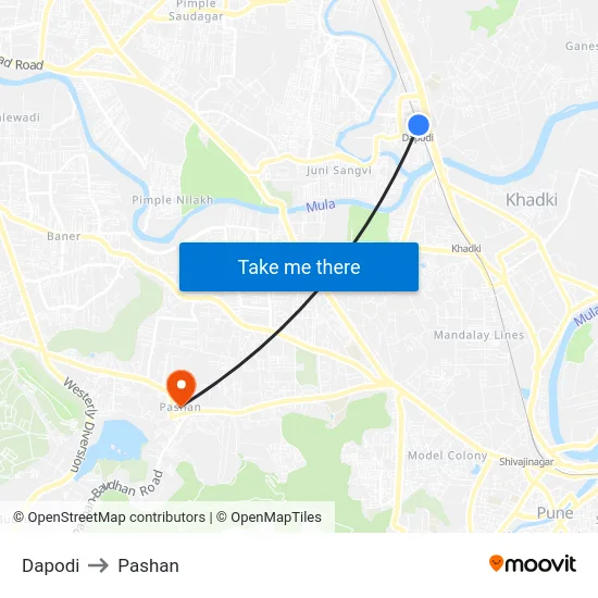 Dapodi to Pashan map