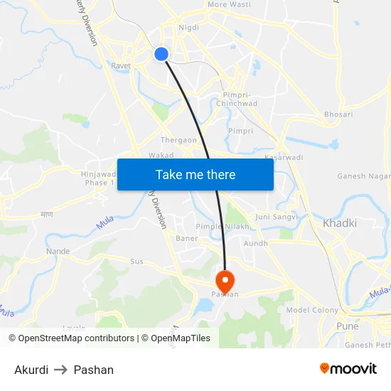 Akurdi to Pashan map