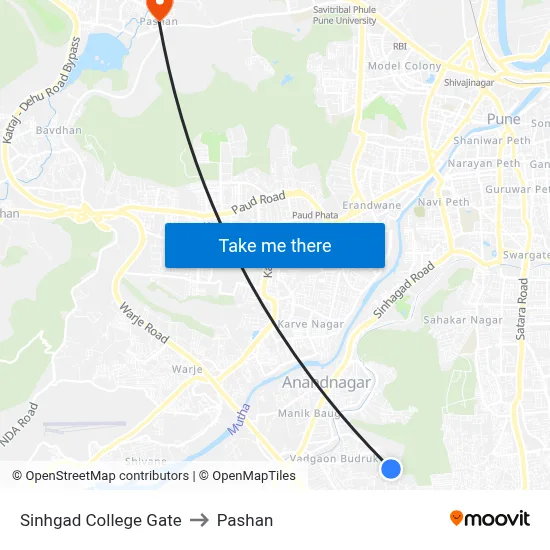 Sinhgad College Gate to Pashan map