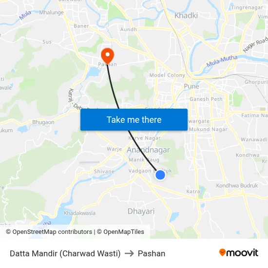 Datta Mandir (Charwad Wasti) to Pashan map