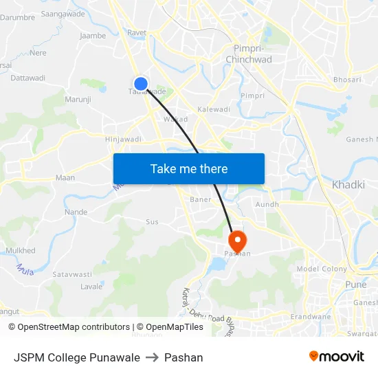 JSPM College Punawale to Pashan map