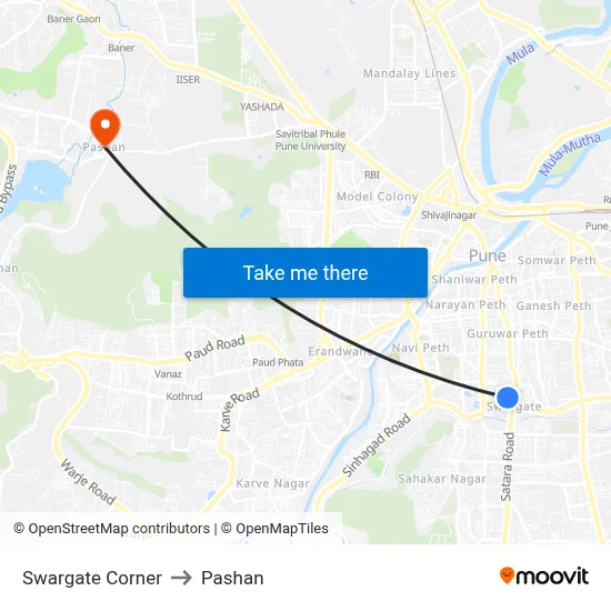 Swargate Corner to Pashan map