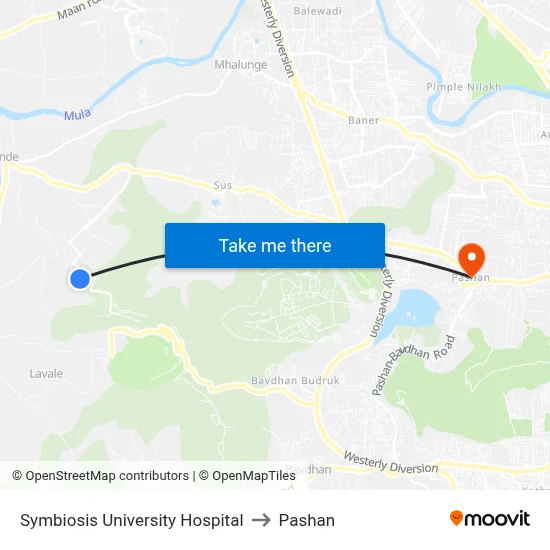 Symbiosis University Hospital to Pashan map