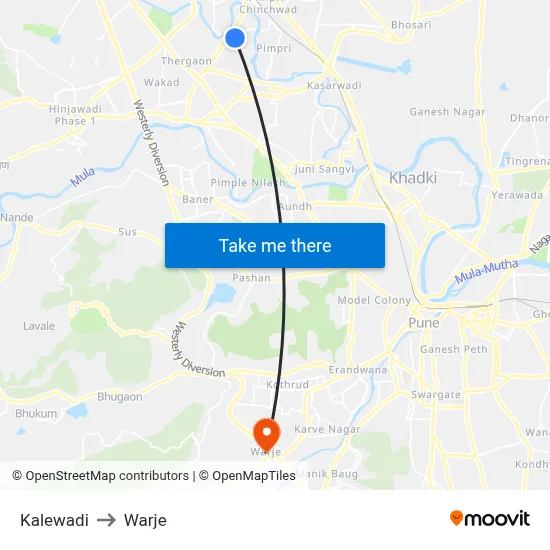 Kalewadi to Warje map