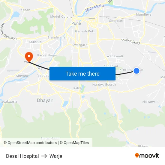 Desai Hospital to Warje map