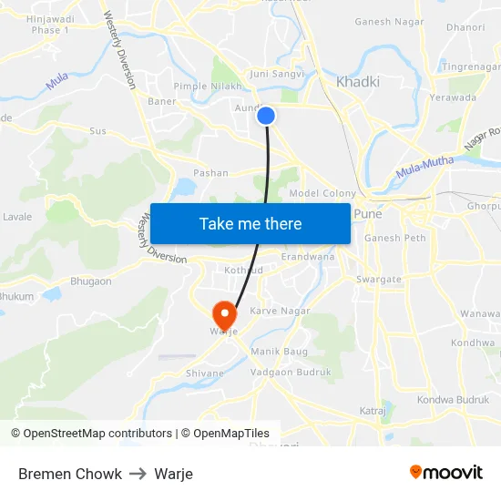 Bremen Chowk to Warje map