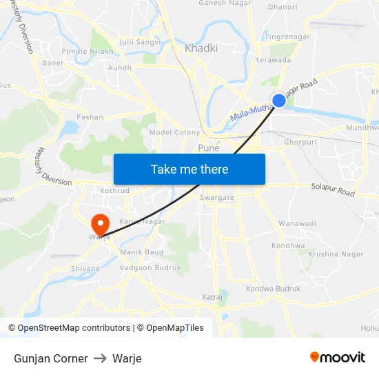 Gunjan Corner to Warje map