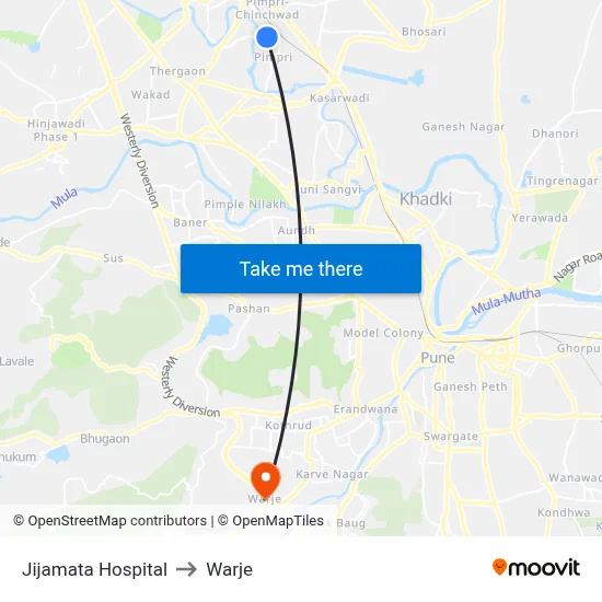Jijamata Hospital to Warje map