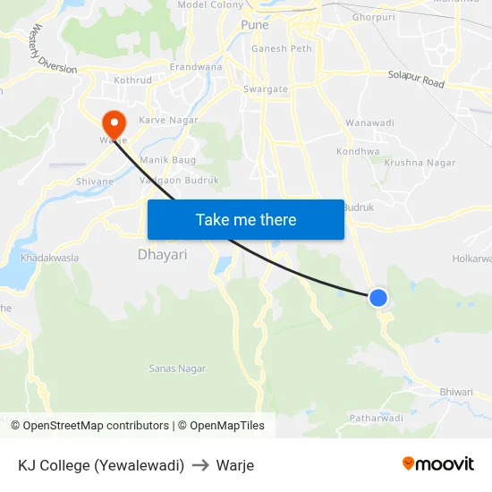 KJ College (Yewalewadi) to Warje map