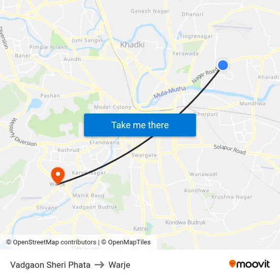Vadgaon Sheri Phata to Warje map