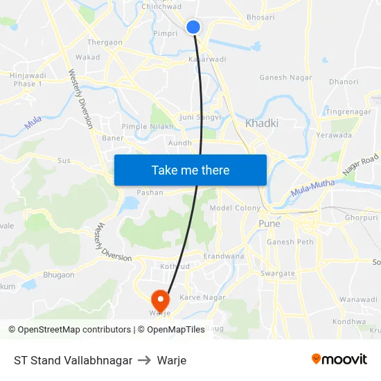 ST Stand Vallabhnagar to Warje map
