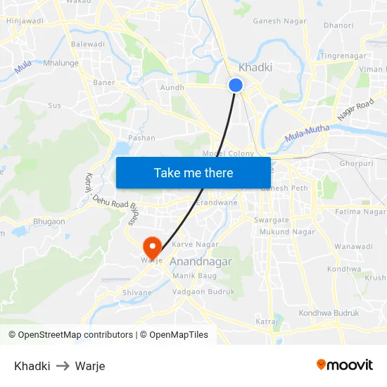 Khadki to Warje map
