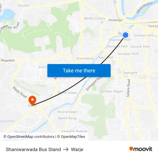 Shaniwarwada Bus Stand to Warje map