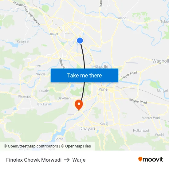 Finolex Chowk Morwadi to Warje map