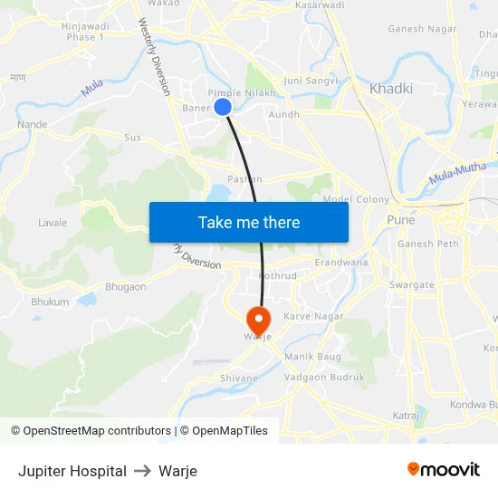 Jupiter Hospital to Warje map