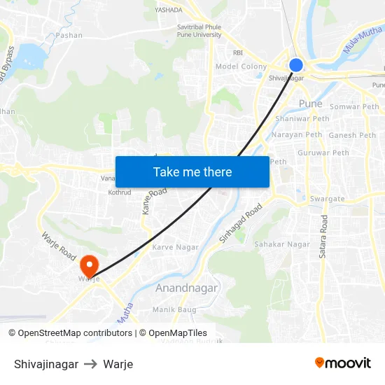 Shivajinagar to Warje map