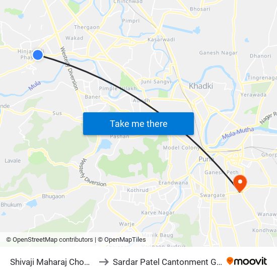 Shivaji Maharaj Chowk Hinjawadi to Sardar Patel Cantonment General Hospital map