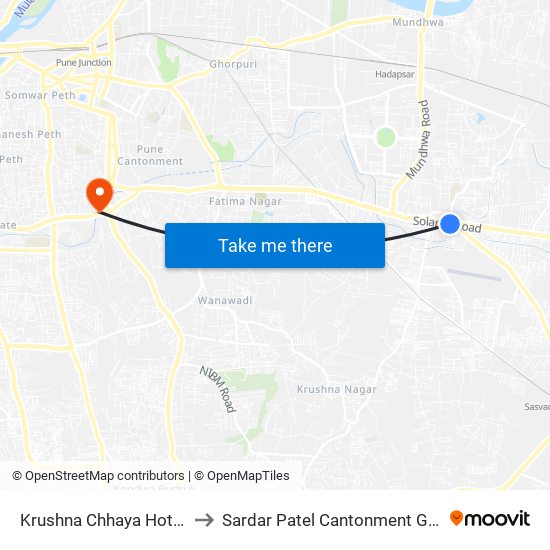 Krushna Chhaya Hotel Hadapsar to Sardar Patel Cantonment General Hospital map