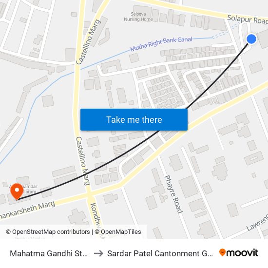 Pulgate to Sardar Patel Cantonment General Hospital map