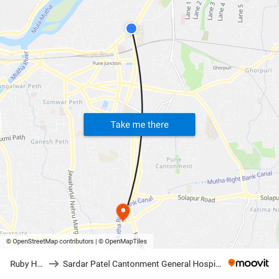 Ruby Hall to Sardar Patel Cantonment General Hospital map