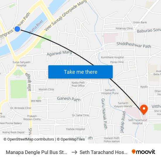 Manapa Dengle Bridge Bus Station to Seth Tarachand Hospital map