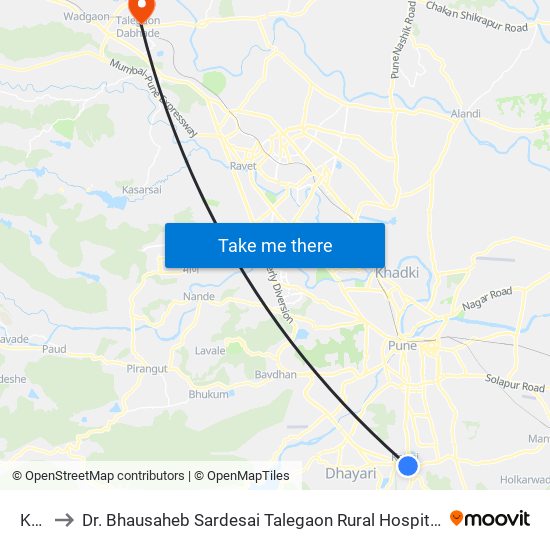 Katraj to Dr. Bhausaheb Sardesai Talegaon Rural Hospital And M.I.M.E.R. Medical College map