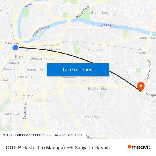 C.O.E.P Hostel (To Manapa) to Sahyadri Hospital map