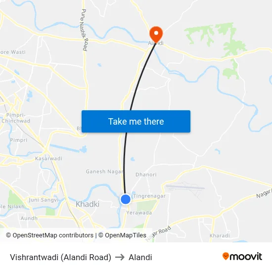 Vishrantwadi (Alandi Road) to Alandi map