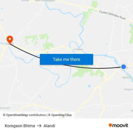 Koregaon Bhima to Alandi map