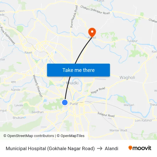 Municipal Hospital (Gokhale Nagar Road) to Alandi map