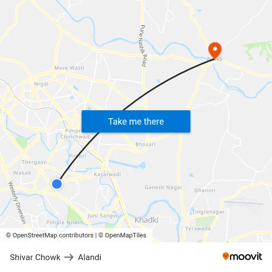 Shivar Chowk to Alandi map