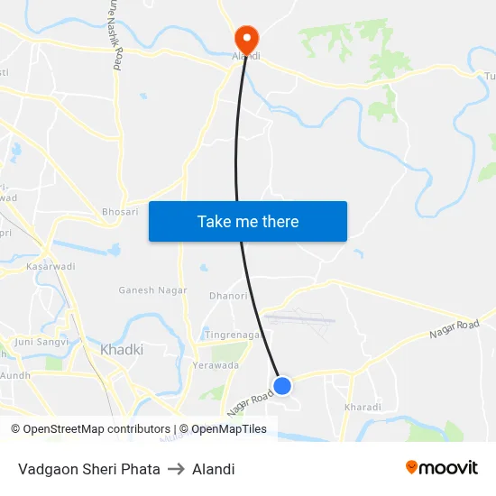 Vadgaon Sheri Phata to Alandi map