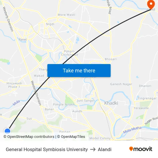 General Hospital Symbiosis University to Alandi map