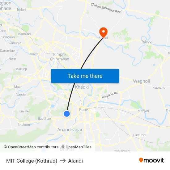 MIT College (Kothrud) to Alandi map