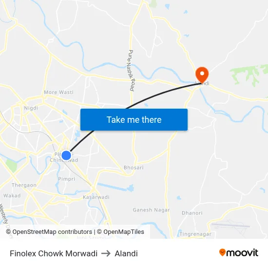 Finolex Chowk Morwadi to Alandi map