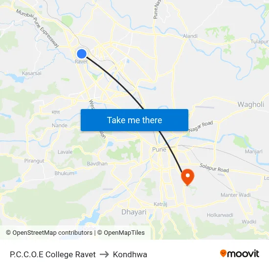 P.C.C.O.E College Ravet to Kondhwa map