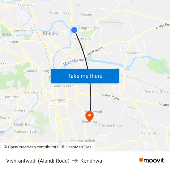 Vishrantwadi (Alandi Road) to Kondhwa map