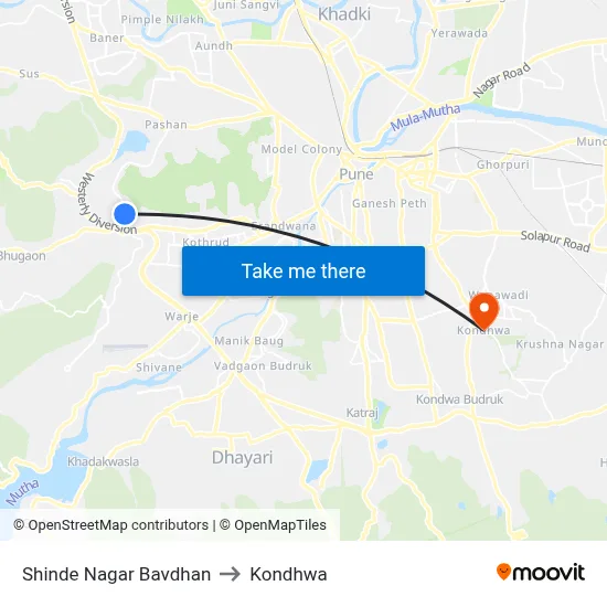 Shinde Nagar Bavdhan to Kondhwa map