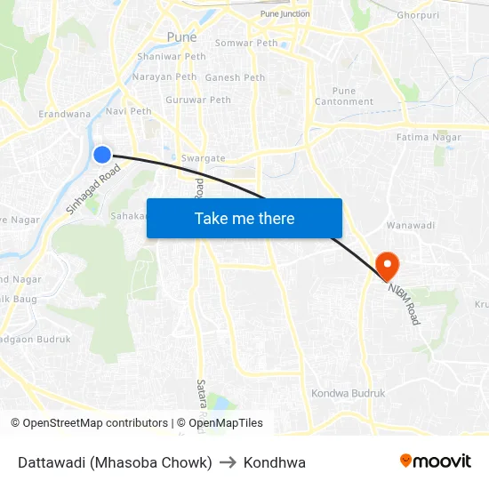 Dattawadi (Mhasoba Chowk) to Kondhwa map