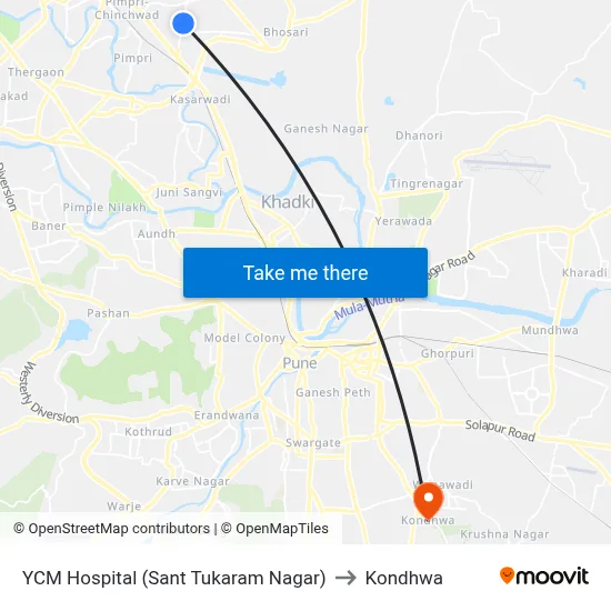 YCM Hospital (Sant Tukaram Nagar) to Kondhwa map