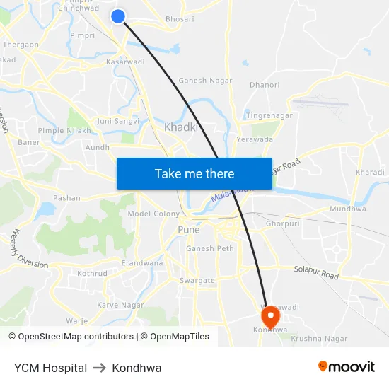 YCM Hospital to Kondhwa map