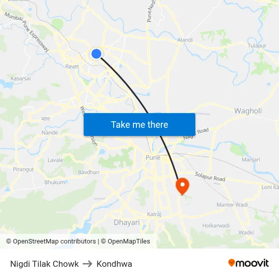 Nigdi Tilak Chowk to Kondhwa map