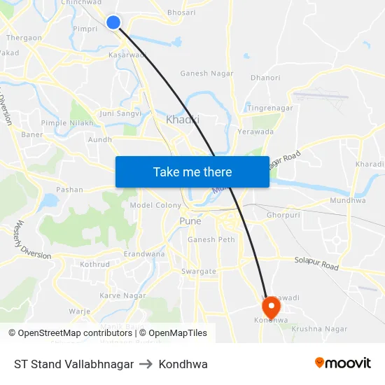 ST Stand Vallabhnagar to Kondhwa map