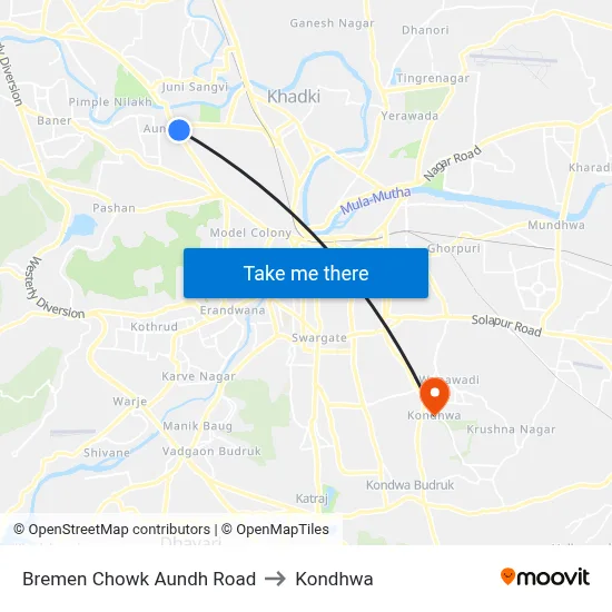 Bremen Chowk Aundh Road to Kondhwa map
