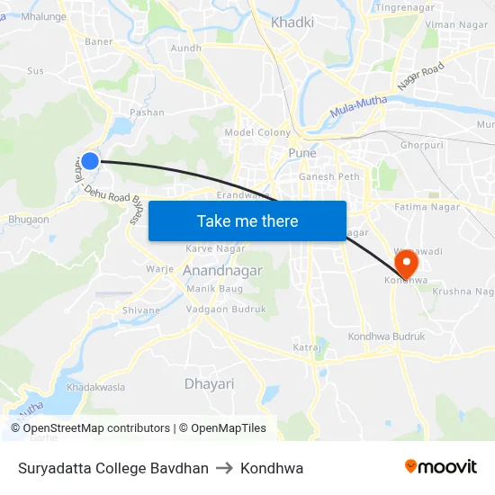 Suryadatta College Bavdhan to Kondhwa map