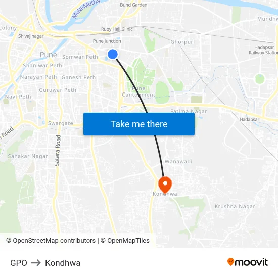GPO to Kondhwa map