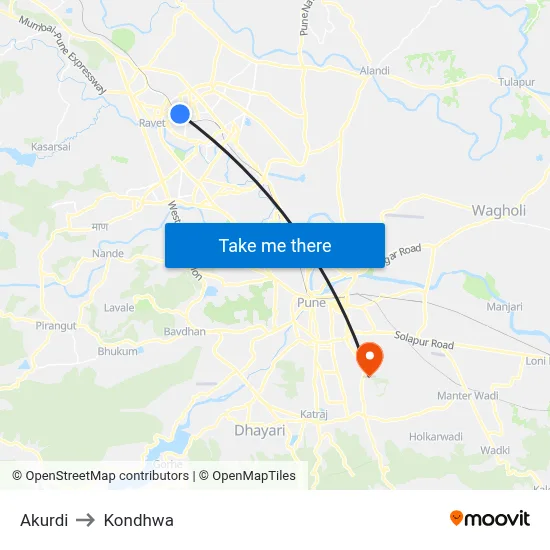 Akurdi to Kondhwa map