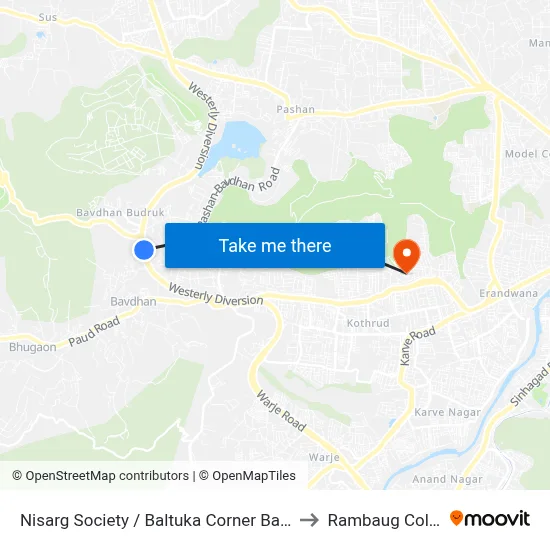 Nisarg Society / Baltuka Corner Bavdhan to Rambaug Colony map
