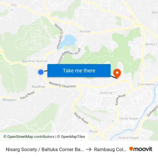 Nisarg Society / Baltuka Corner Bavdhan to Rambaug Colony map