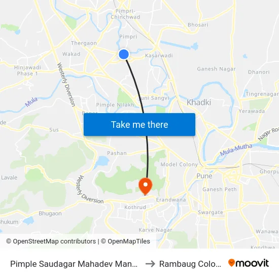 Pimple Saudagar Mahadev Mandir to Rambaug Colony map